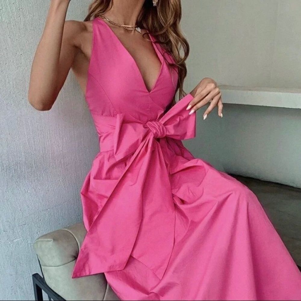 Zara Bow Pink Midi Dress Deep Plunge Poplin New Barbiecore Barbie - Picture 7 of 16